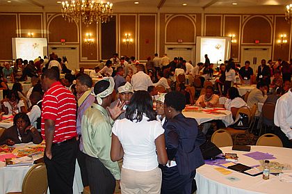 students doing team building